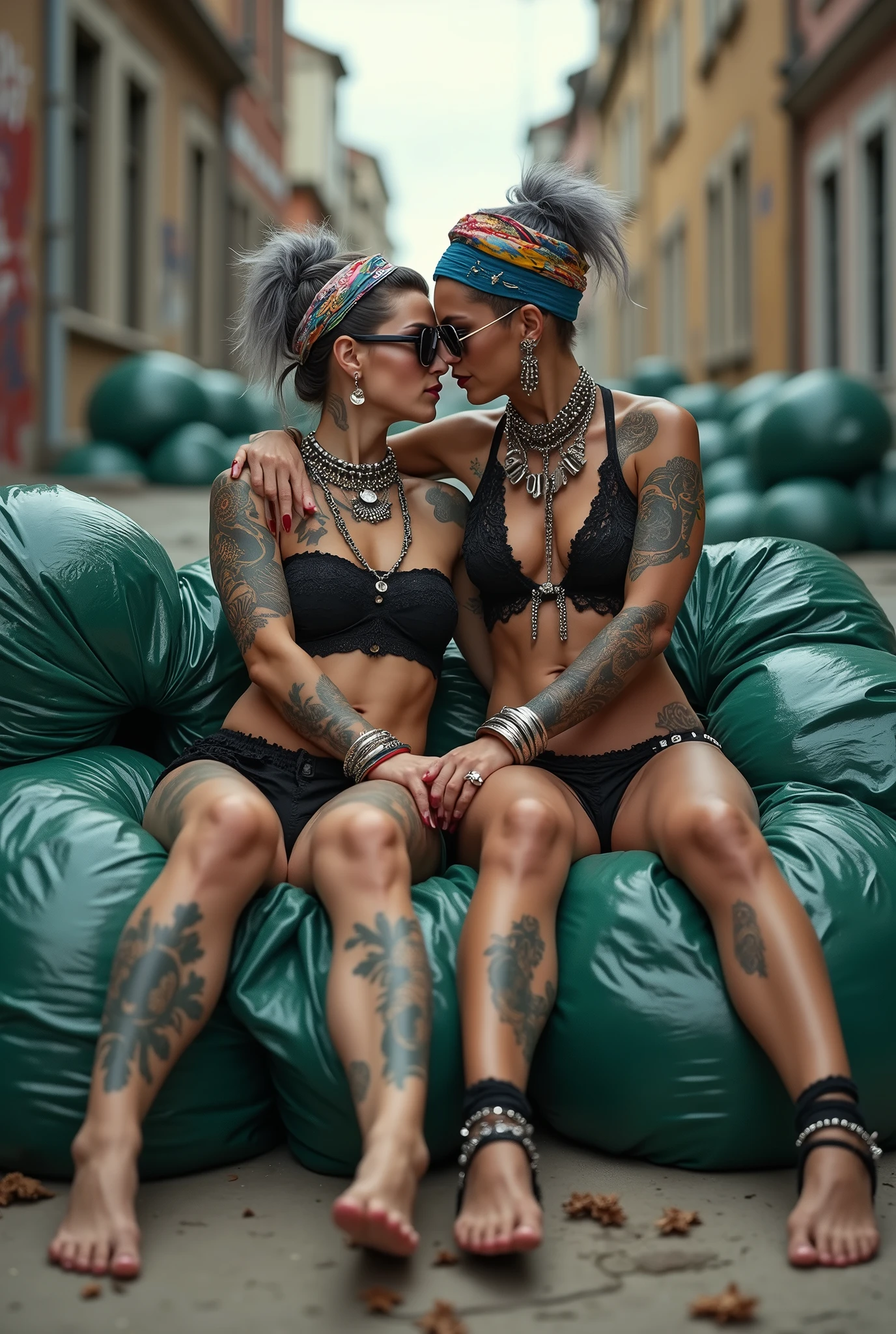 Two russian milf women: the dominant woman with possessive stance (spread legs wide open, arm around her partner"s shoulders, leaning on her partner and grabbing her wrist) protecting the submissive and needy one, who leans her head on the other's chest. different clothes but same rock chic style. grey hair (bouffant, top bun) and oversized square sunglasses and wide  colourful bandana as headband. Big lips.  Black lace push up bra, silicone breast,, low rise black lace thongs. Barefoot with necklaces in ankles. Lots of thick wide studded bracelets, chain necklaces and big rings,. Long earrings with chains and feathers. Lounging on a pile of huge dark green plastic bags. Lazy, leaning back, laid back pose, separated legs. Neck, chest, stomach, feet, hands, arms and wrists heavily tattoed.  Toned abdominals, thin neck, slim legs and thin arms. Narrow hips. Full body. At a dead end street with graffitied walls, ground littered with waste . Nuns get close. Some nuns in the background get close. 
