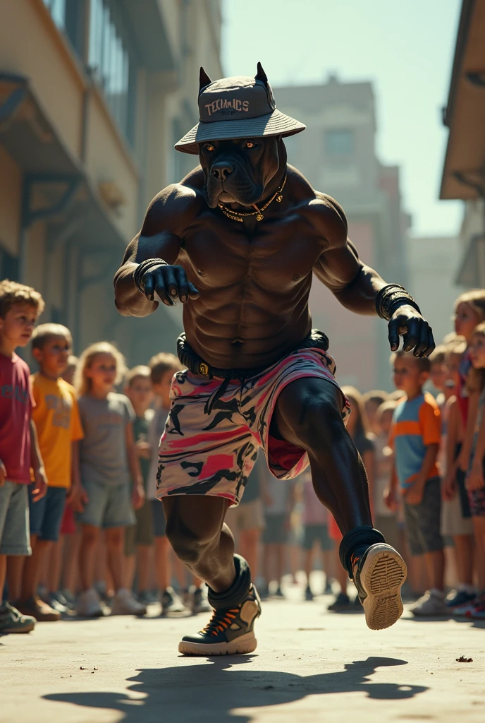 hyper-realistic photo of a Cane Corso wearing Technics clothing and bucket hat breakdancing in front of a crowd of children in a circle with a stereo in the corner