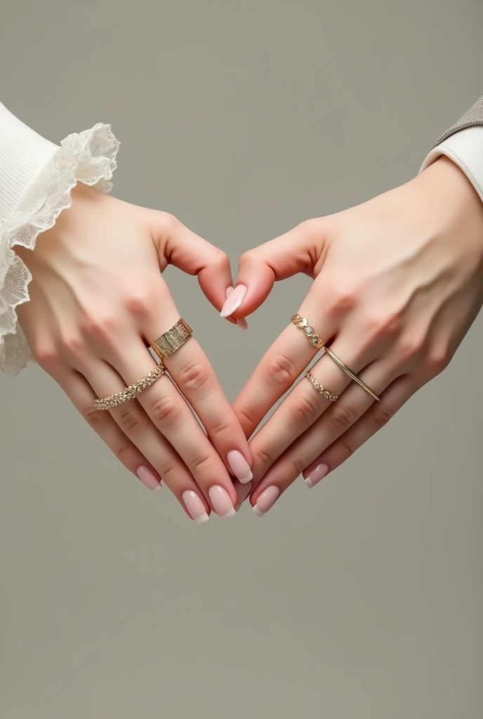 Create a logo that represents the brand 'Wedding Tips.' The logo should feature two hands, one of a woman and one of a man, forming the letter 'W'. Each hand should wear a wedding ring. The style should be elegant and romantic. The overall feel should convey love, , and the essence of a wedding.