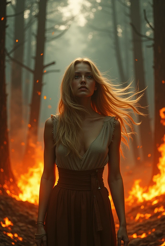 Digital art: blonde woman in a burning florest