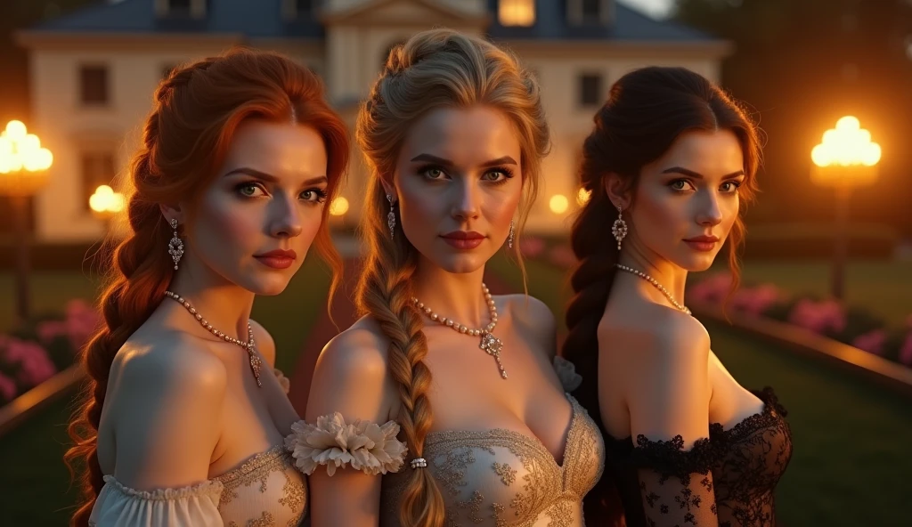 in Bridgerton,1 woman, 41 years, in England 1803, one ((ginger)), one blonde, one brunette, perfect green eyes, long hair with pony tails, sides, built-in and with crown, ((best quality)), ((master piece)), (detailed), perfect face, beautiful, curvy, body, large round breasts, white silk, and gloves, golden and white underwear, pearls, jewelry, in front of a castle house, rustic house, night time, flambeau fire, perfect garden, flowers, Prom, one of the woman is topless, sunset hues, golden light,