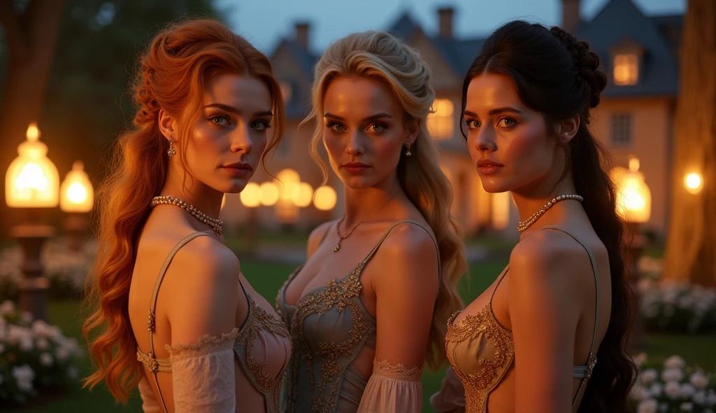 in Bridgerton,1 woman, 41 years, in England 1803, one ((ginger)), one blonde, one brunette, perfect green eyes, long hair with pony tails, sides, built-in and with crown, ((best quality)), ((master piece)), (detailed), perfect face, beautiful, curvy, body, large round breasts, white silk, and gloves, golden and white underwear, pearls, jewelry, in front of a castle house, rustic house, night time, flambeau fire, perfect garden, flowers, Prom, one of the woman is topless, sunset hues, golden light,