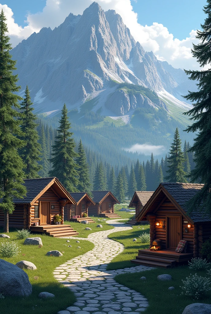 Make 10 cabins with stone paths and fire and let the landscape be seen