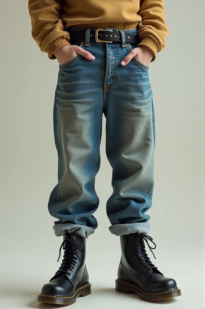 A boy wearing baggy jeans pant and Dr Martin boots