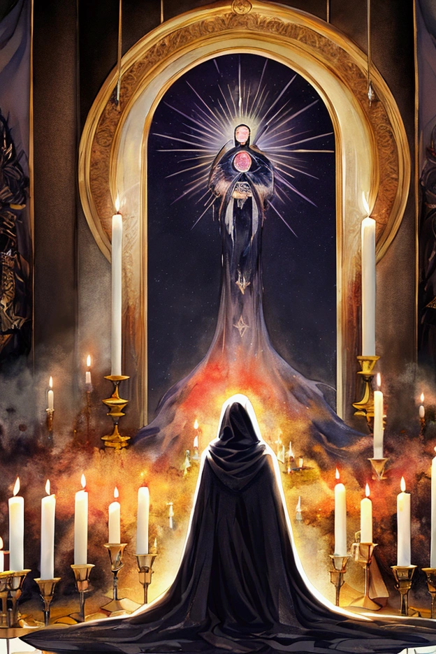 the image of a black cult. a group of people wearing black hoods stood in a circle around candles and prayed to the sky. , watercolor painting techniques, Dry brush, Bleeding colors, Wet on dry, digital art, by Marshall Arisman, cover illustration, 70mm, 7 0 mm, 70 mm, book cover illustration, by Brigette Barrager, album cover, novel cover art for a book, art concept for a book cover, cover art, 7 feet tall