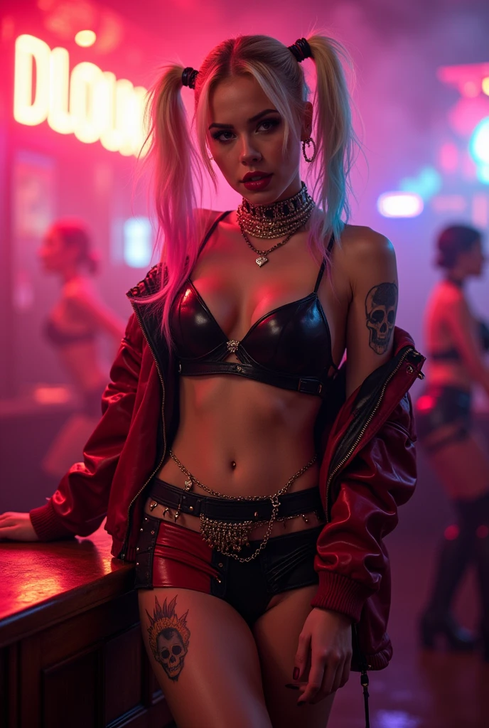 {
  "prompt": "A fusion of the iconic female Joker from DC Comics with a seductive, feminine twist on Michael Jackson's style, posing confidently in a glamorous stage setting. She has pale white skin and wild, vibrant green hair styled in messy, chaotic curls. Her makeup is heavy and smeared, inspired by Heath Ledger’s Joker, featuring dark, hollow eyes surrounded by smudged black makeup and a blood-red, twisted smile that extends unevenly beyond the corners of her mouth, creating a chilling yet irresistible grin. She wears a form-fitting, black sequined jacket with a plunging neckline, reminiscent of Michael Jackson’s iconic style, over a revealing purple bikini top and matching high-waisted mini skirt. The outfit is completed with shiny black ankle boots and white gloves, adding a pop-star flair. She stands on a dramatic stage with dazzling spotlights, a mix of edgy theatrical elements, and glamorous decor. Her pose is both alluring and commanding, with one hand striking a pose while the other playfully adjusts her green hair. Her gaze combines a mix of madness, seduction, and charisma, creating a striking and unforgettable fusion of chaotic elegance and classic pop-star allure.",
  "size": "1024x1792"
}
