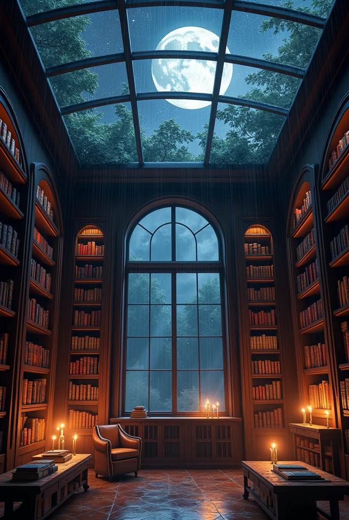 (photorealism:1.2), The small room was lined with, bookshelves, their wooden surfaces glowing softly in the candlelight. The dim illumination created an intimate, almost magical atmosphere, casting flickering shadows that danced along the walls.
Above us, the ceiling was made entirely of glass, revealing a breathtaking view of the night sky. Rain softly pattered against the glass, and through the droplets, the moon shone down, casting a silvery light that made the room feel even more enchanting. The gentle glow from the moon combined with the warm candlelight gave the space an almost ethereal quality