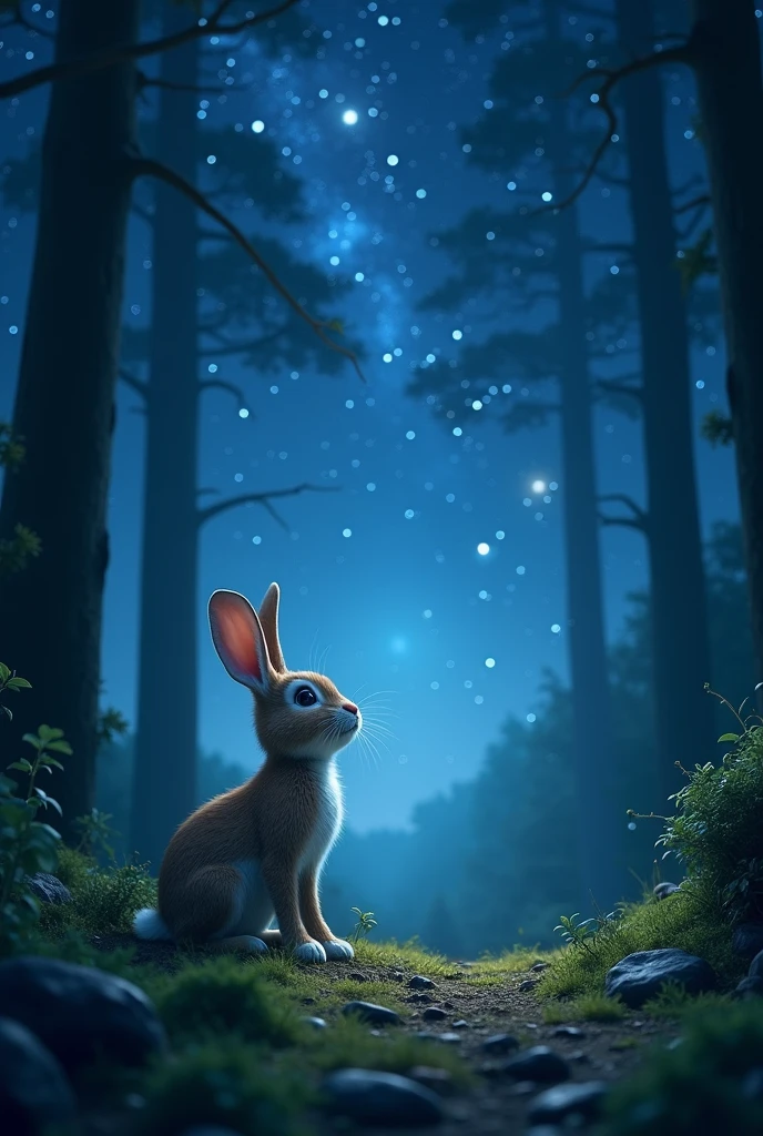 Forest. Beautiful background. See the stars in the sky..The Rabbit of the Looking