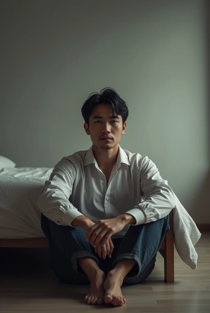 A man with 170cm height and short black hair parted in the center is sitting on the floor with his back against the bed.、A full-length image of a 163cm tall man with center-parted black hair sitting between her legs