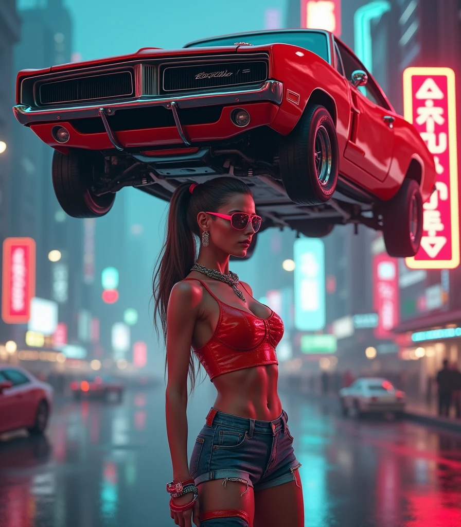 Photorealistic, extra detail, futuristic version of Daisy duke in a cyberpunk city, and a red futuristic version 1969 dodge charger flying above her head, coca cola signs
