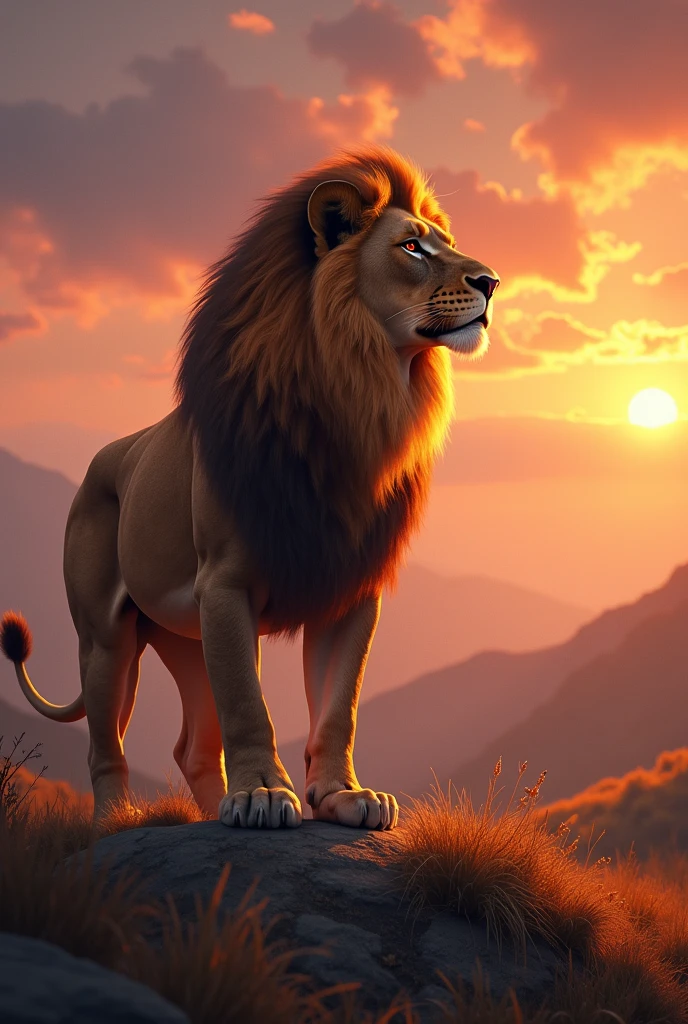 Wallpaper with a lion, Stately, looking at the horizon as the sun sets.