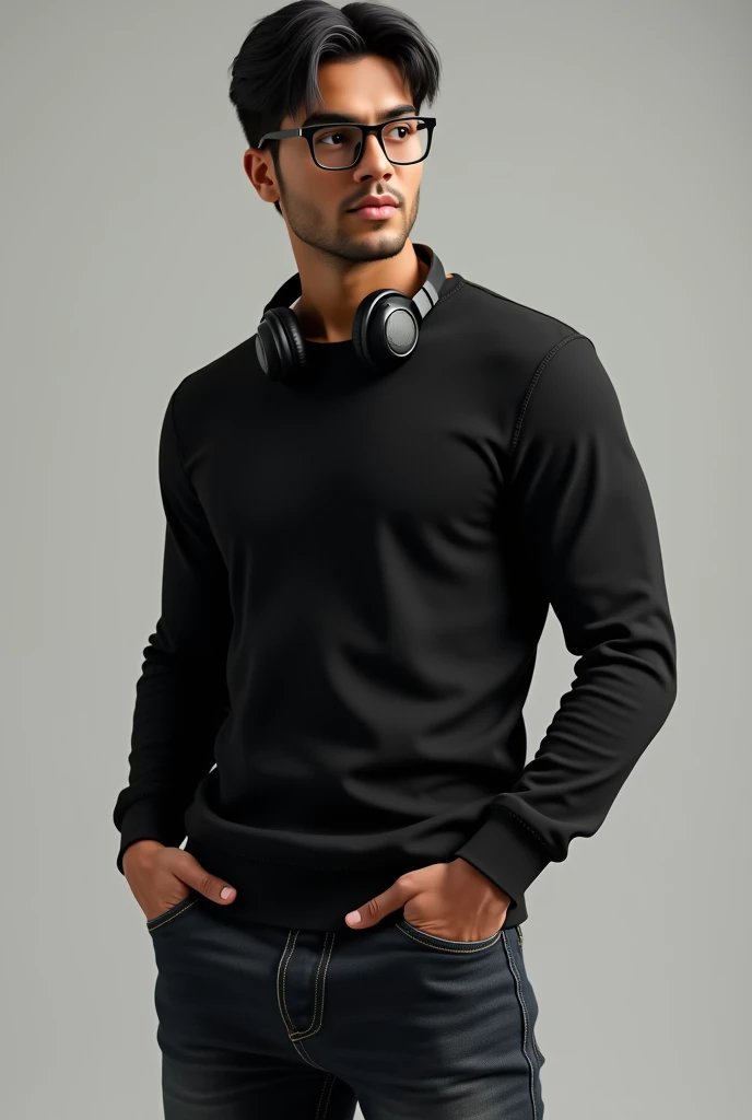 A young Brazilian man, with straight black hair, offwhite, body half muscles, wearing black glasses with no frames around the lenses, eyes browns, wearing a black long sleeved shirt, uma calça jeans oversized, using a black headphone