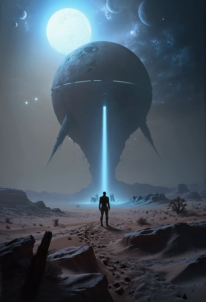 a man standing in front of a giant object in the middle of a desert, mystical sci-fi concept art, sci-fi digital art illustration, by Christopher Balaskas, greg beeple, epic fantasy sci fi illustration, sci fi epic digital art, dark sci-fi art, sci fi artwork, sci-fi illustration, sci - fi illustration