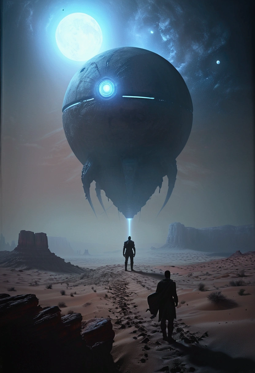 a man standing in front of a giant object in the middle of a desert, mystical sci-fi concept art, sci-fi digital art illustration, by Christopher Balaskas, greg beeple, epic fantasy sci fi illustration, sci fi epic digital art, dark sci-fi art, sci fi artwork, sci-fi illustration, sci - fi illustration