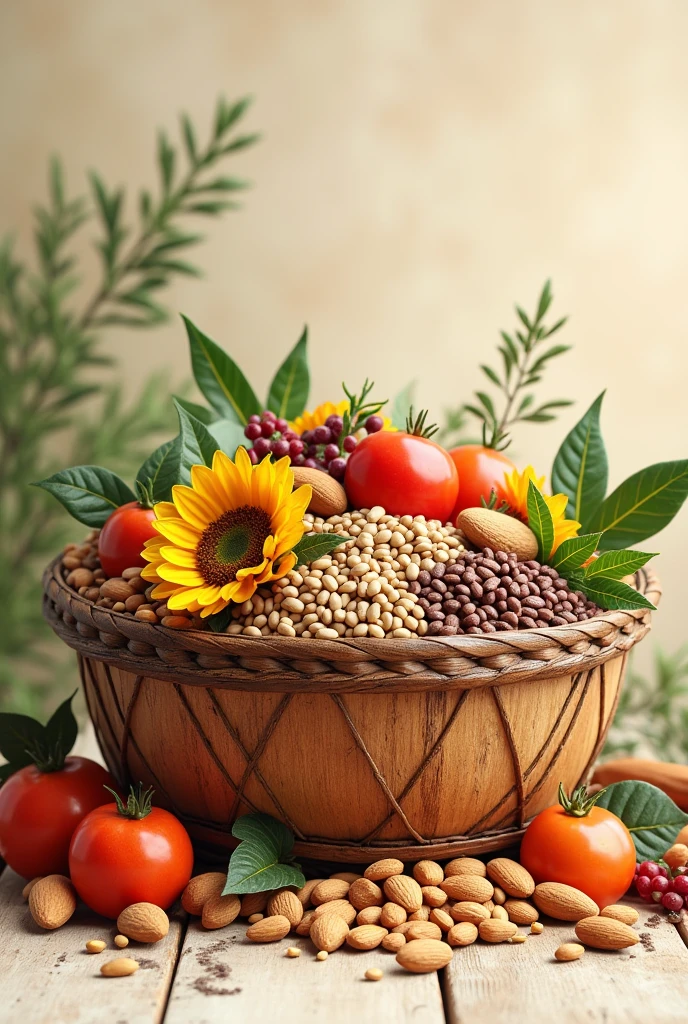 Basket with seeds, nuts, legumes