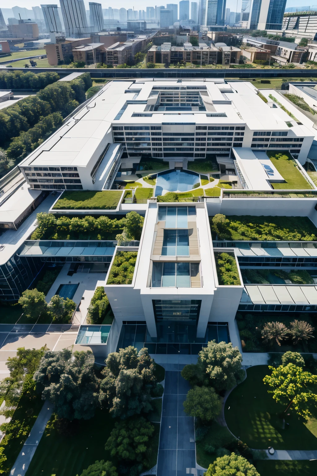 Ariel View a large modern hospital complex with 7 connected blocks, glass walkways, lush gardens, seating areas, side avenues, photorealistic, hyperrealistic, detailed architecture, intricate details, cinematic lighting, dramatic shadows, vibrant colors, serene atmosphere