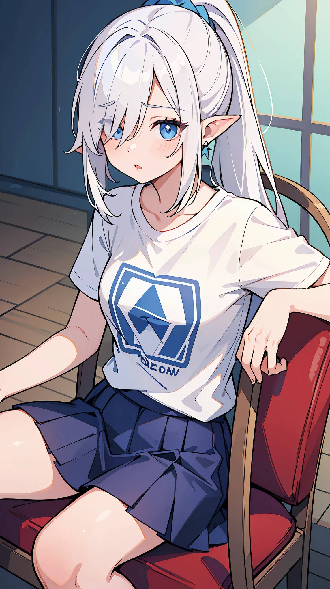 Woman1,30 years old, triangular face, blue eyes,white hair, long ponytail, hair over one eye, pointy ears, lips,shiny hair,sitting in chair,home,short skirt, t-shirt , high resolution, high detail, very detailed