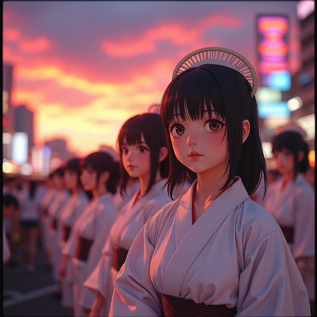 ((bokeH, Acutance:0.85, ultra-detailed:1.35)), (((from below))) . The background is the downtown area at (Twilight:1.4), (((Red-dyed clouds above hed:1.1))), { The Sky takes up more than third of the composition | (many colorful Lights:1.2) | lens flare | Burning | Haze | (luminous Particles) | Mystic sight | God rays | Lightning }, { Underboob | Oiled ivory skin | FullBody:1.2 } . (Masterpiece:1.2) of professional Analog photo with (Hasselblad), (((UltraRealistic and Photorealistic with touch of rawness:1.37))) . ((( A group photo of KAWAII girls in WHITE Fundoshi, at Hakata Gion Ymakasa Festival ))), ((Extremely detailed KAWAII face variations)) . Assfocus with looking ahead .(Realistic:1.6)