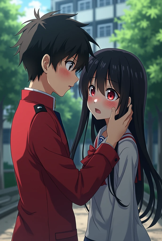 Anime boy in red school uniform comforting a crying anime girl with long black hair and red eyes  