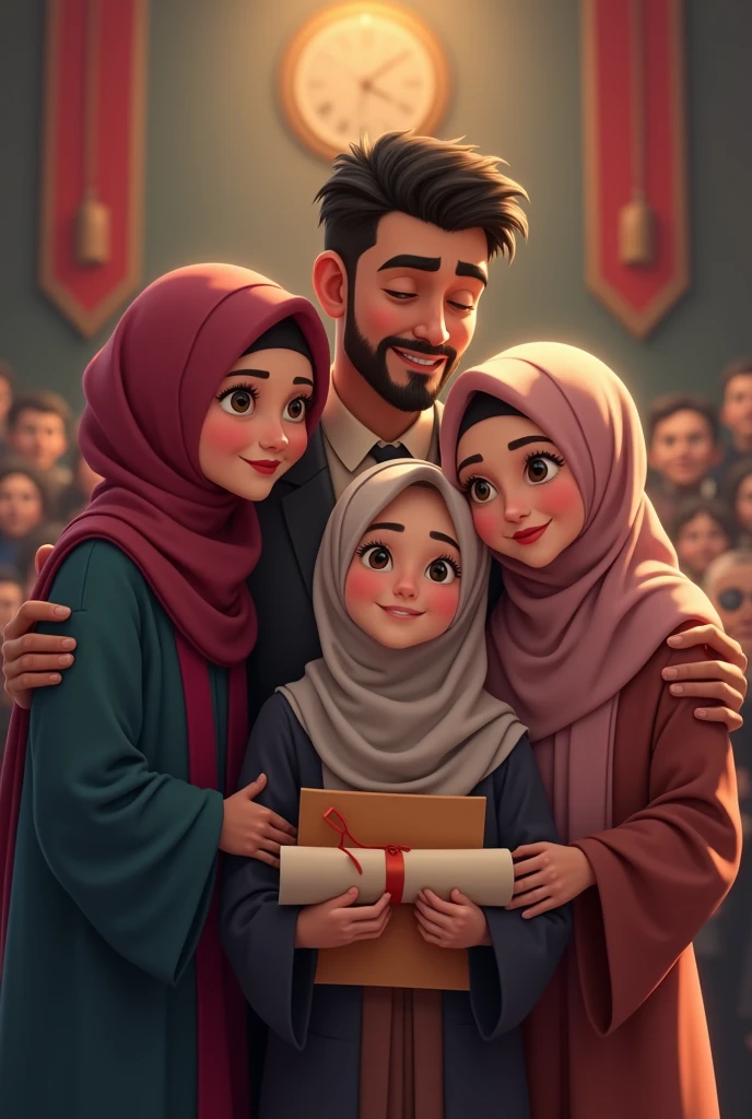 happy family with father and daughter wearing hijab graduating and with her mother wearing hijab 