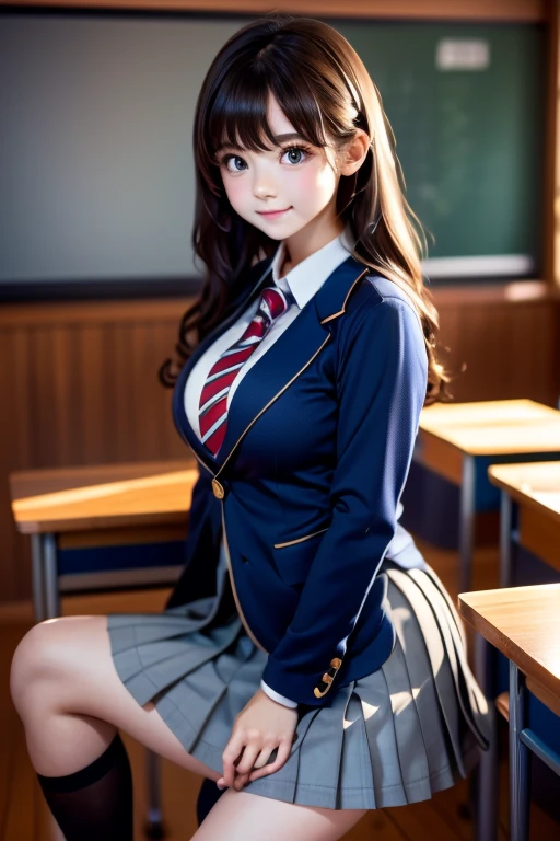 8k, Highest quality, The true picture, Intricate details, Very detailed, Ultra-high resolution, Depth Field,(Realistic,Realistic:1.2), From the side, One of the Japan, Very beautiful person, Big eyes, Beautiful breasts:1.5、Very detailedな目:1.2), (Beautiful breasts:1.1), (Small breasts), Wavy Hair、Curly Hair、bangs, Perfect Skin, Fair skin, (Big Hips:1.3), (Thick thighs:1.3), (Thick legs:1.3), Tight waist, Slightly reddish, alone, Looking at the audience, (smile:1.1), ((School_uniform),(Dark Blue Blazer), (White shirt、Wear a tie), (Grey pleated skirt), (Sculptural installation :1.1), break, (During class:1.2), In a high school classroom, Please sit down