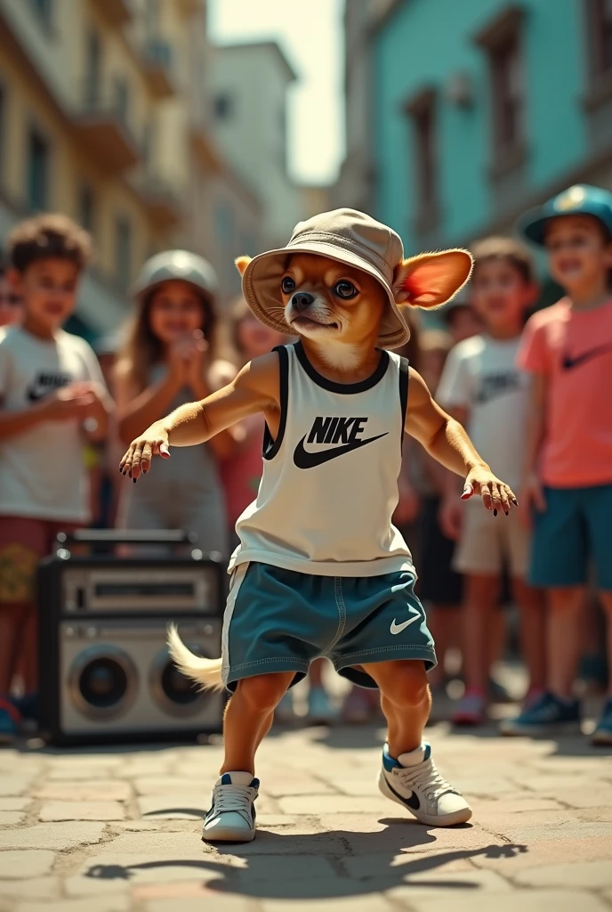 hyper-realistic photo of a Chihuahua wearing Nike clothes and a bucket hat breakdancing in front of a crowd of children in a circle with a stereo in the corner