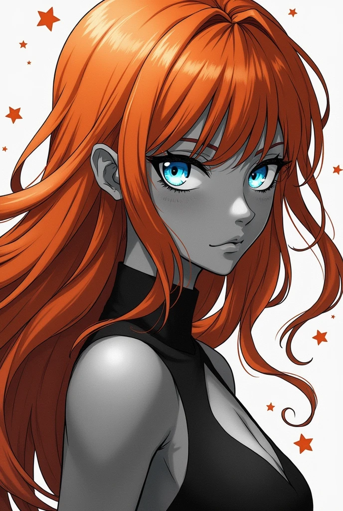 Monochrome manga art style, enchanting character from anime Fairy Tail, stunning woman with rich black skin, vibrant orange hair flowing gracefully with defined bangs, mesmerizing blue eyes radiating energy, positioned dynamically against a minimalistic background, intricate linework detailing features and textures, contrasting shadows creating depth and dimensionality, graceful posture exuding confidence and magical essence, whimsical magical motifs subtly integrated around character, delicate cross-hatching for shading, refined stippling techniques enhancing skin tones, dramatic play of light and shadow emphasizing contours, captivating eye composition drawing attention, framed elegantly with expressive manga-style action lines and sound effects, high-contrast monochrome rendering showcasing character's unique beauty, focusing on delicate details of her flowing hair, soft gradients transitioning between black and white, artistic flourishes capturing movement and energy within the scene, inviting viewers to explore the rich narrative suggesting magic and adventure in every line