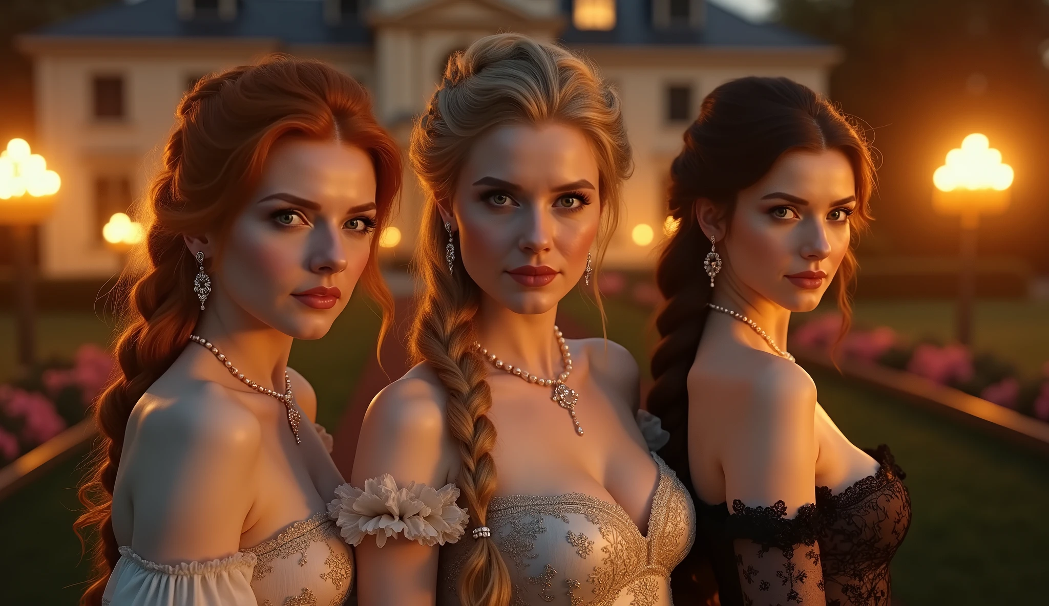 in Bridgerton,1 woman, 41 years, in England 1803, one ((ginger)), one blonde, one brunette, perfect green eyes, long hair with pony tails, sides, built-in and with crown, ((best quality)), ((master piece)), (detailed), perfect face, beautiful, curvy, body, large round breasts, white silk, and gloves, golden and white underwear, pearls, jewelry, in front of a castle house, rustic house, night time, flambeau fire, perfect garden, flowers, Prom, one of the woman is topless, sunset hues, golden light,