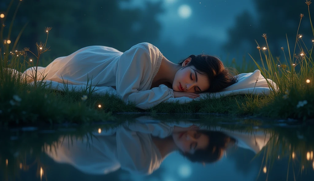 a beautiful young woman sleeping by a garden, her reflection in the still water, stars in the night sky above, dreamy, serene, (best quality, 4k, 8k, highres, masterpiece:1.2), ultra-detailed, (realistic, photorealistic, photo-realistic:1.37), HDR, UHD, studio lighting, ultra-fine painting, sharp focus, physically-based rendering, extreme detail description, professional, vivid colors, bokeh, portraits, landscape, dreamlike, cinematic lighting, natural lighting, glowing stars, sparkling water, peaceful, tranquil