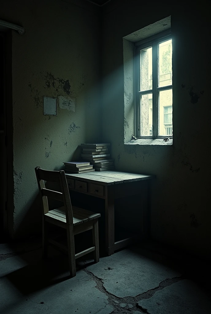 a dark room in the favela with some books in the corner a table and a wooden chair horizontally