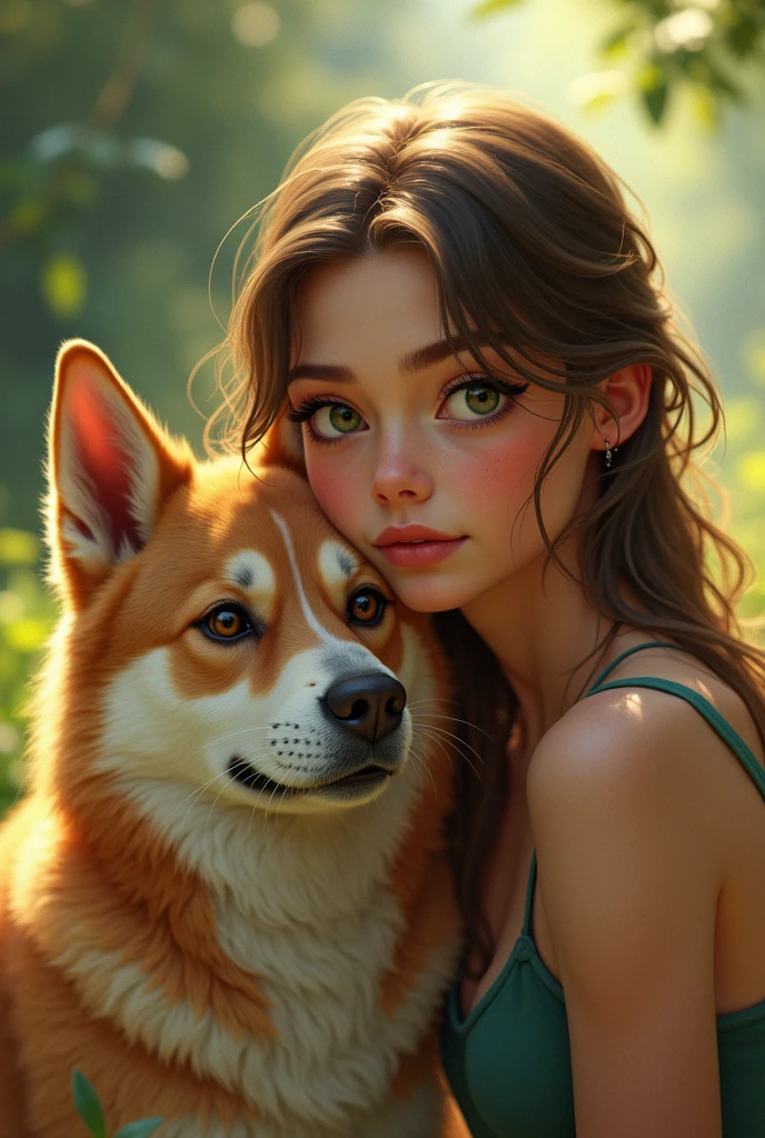 lobo (woman's pet) and woman ( age approximately , light brown hair tending to blonde, olive green eyes, Tez blanca)