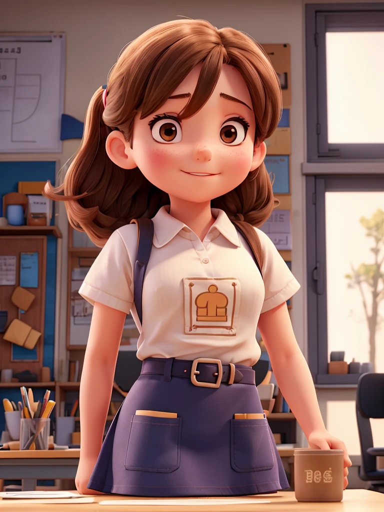 A girl at school sits at a desk, , apron on the belt, thin face, , nipples are visible, big nipples, transparent t-shirt 
