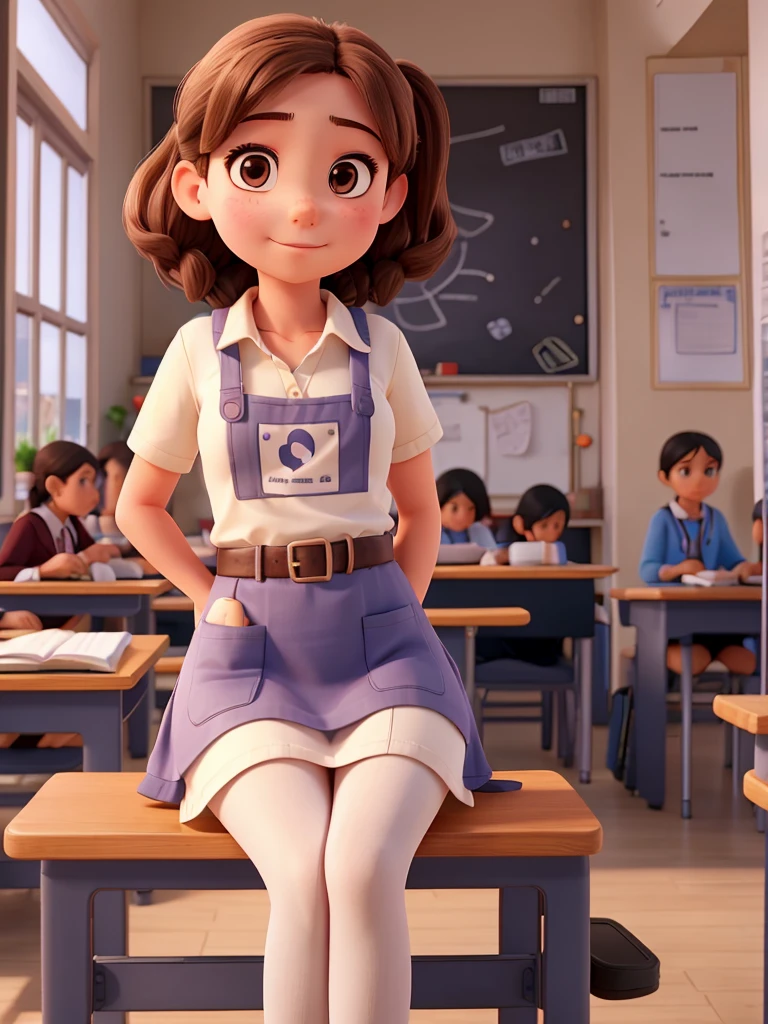 A girl at school sits at a desk, , apron on the belt, thin face, , nipples are visible, big nipples, transparent t-shirt