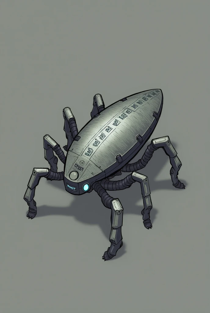 forma: Forage resembles a small metallic insect, with six agile legs that allow it to move quickly. Your body is elongated, covered by a resistant metal shell.
detaileds: Your eyes are little blue crystals, glowing brightly when it detects useful materials. Forage's paws end in small claws that can grip objects or climb steep surfaces..
Design: The Forage shell is decorated with engraved lines that imitate the pattern of leaves., reflecting its function of collecting materials from nature. It has a small compartment at the back where it stores the resources found.