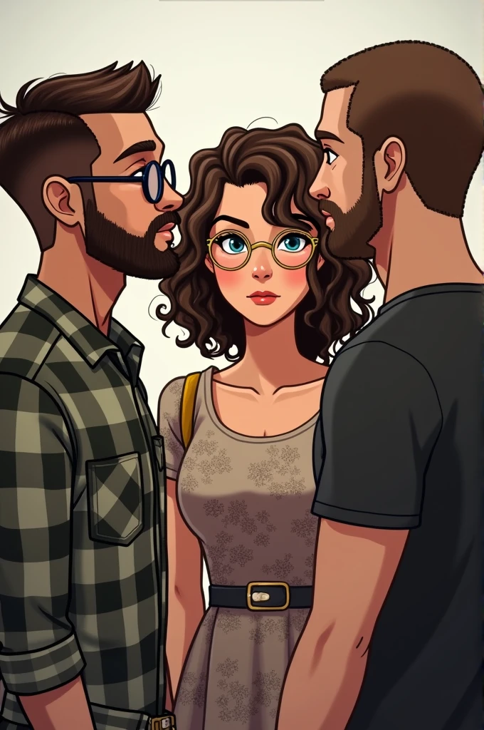 Draw a picture of a man with brown military hair, bearded, round glasses and plaid shirt. White woman enter each, curly brown hair, gold frame glasses and floral dress. Shaved brown hair man with receding hairline, bearded e camiseta preta. The three are looking at each other.