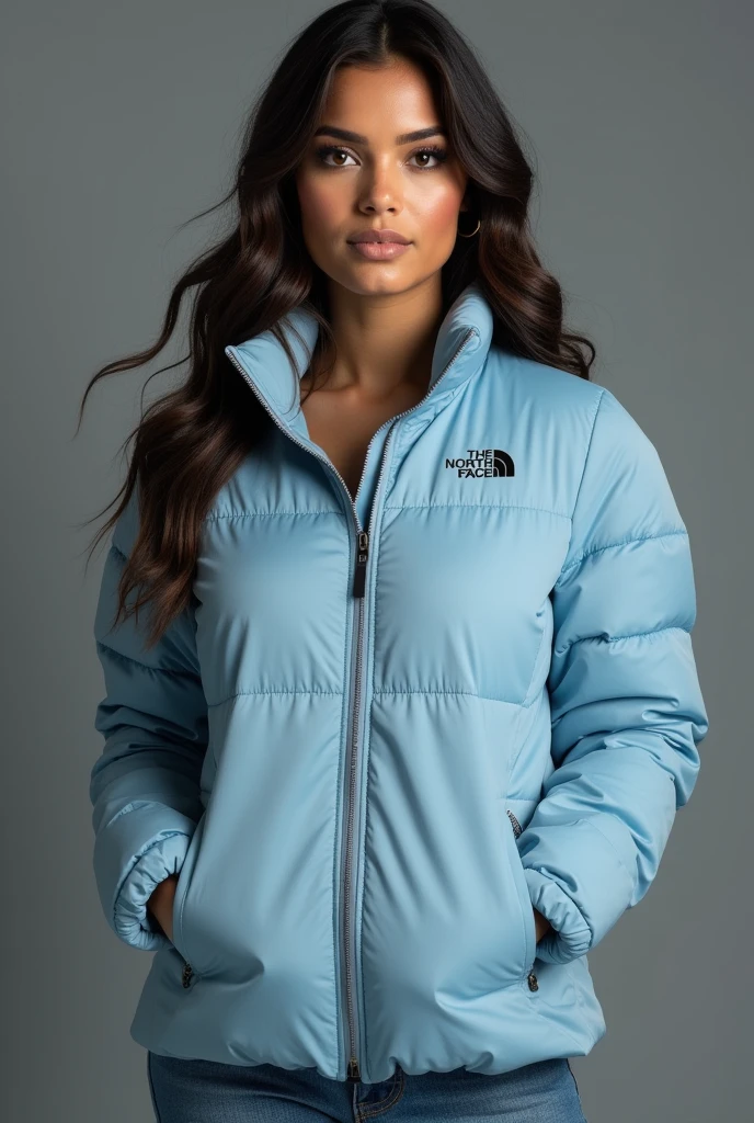 beautiful latin woman, standing straight facing forward,with a light blue closed North Face cold weather jacket, denim jeans pants, on a greyish background. Medium camera shot.