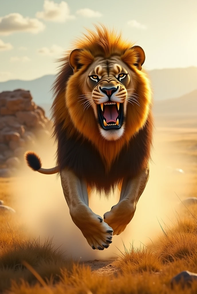 Wallpaper with an angry lion, Stately, running through the savannah.