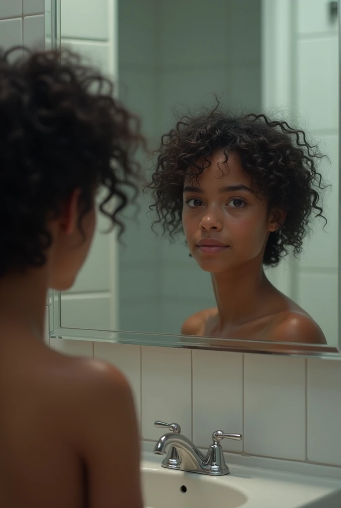 A Brazilian teenager looking at herself in the mirror