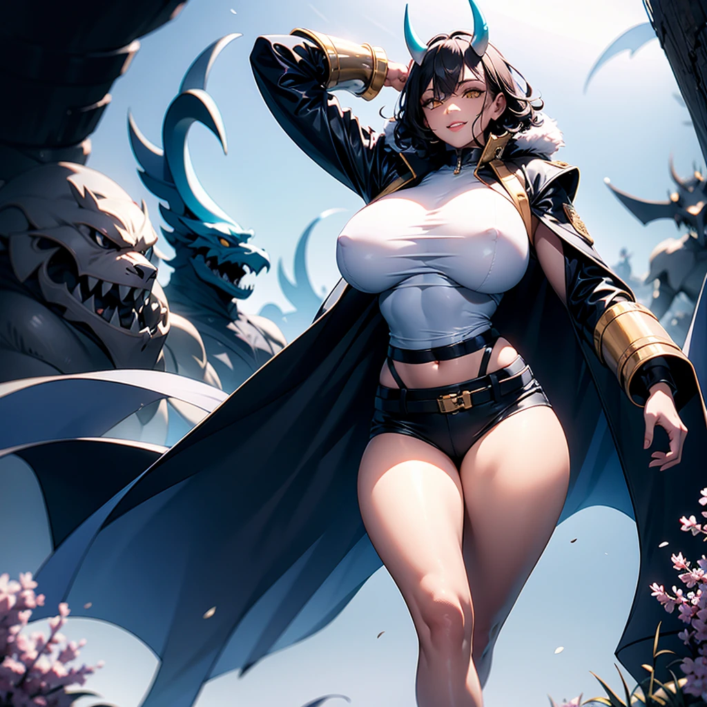 ((best quality)), (detailed), 1 brutal women, 8k_wallpaper, extremely detailed eyes, (large masterpiece digital art), (intricate details:1.3 ), (ultra-detailed:1.3), (sharp focus:1.3), (natural lighting:1.05), (vivid colors:1.3), (best quality:1.4), expressive eyes, full body, detailed face, beautiful face, perfect face, ((hair black curls)), ((blue horns)), (gold eyes), {{dark skin}}, ({dark skinned female}), (big breasts), huge chest, big wide ass, powerful relief muscles of the abdomen and legs, powerful strong muscles of the arms, a predatory look and a smile with fangs, an open white coat with a fur collar and rolled up sleeves, heavy steel cyberpunk armor, a transparent blue crop top through the fabric of which the clear outlines of large pointed nipples with large openings of the mammary glands are visible, wide khaki military pants, a yellow belt , a military walkie-talkie on her belt, a large hiking backpack, she walks across a wide lilac field on another planet against the backdrop of an indigo forest and high mountains, style cyberpunk and dark fantasy,