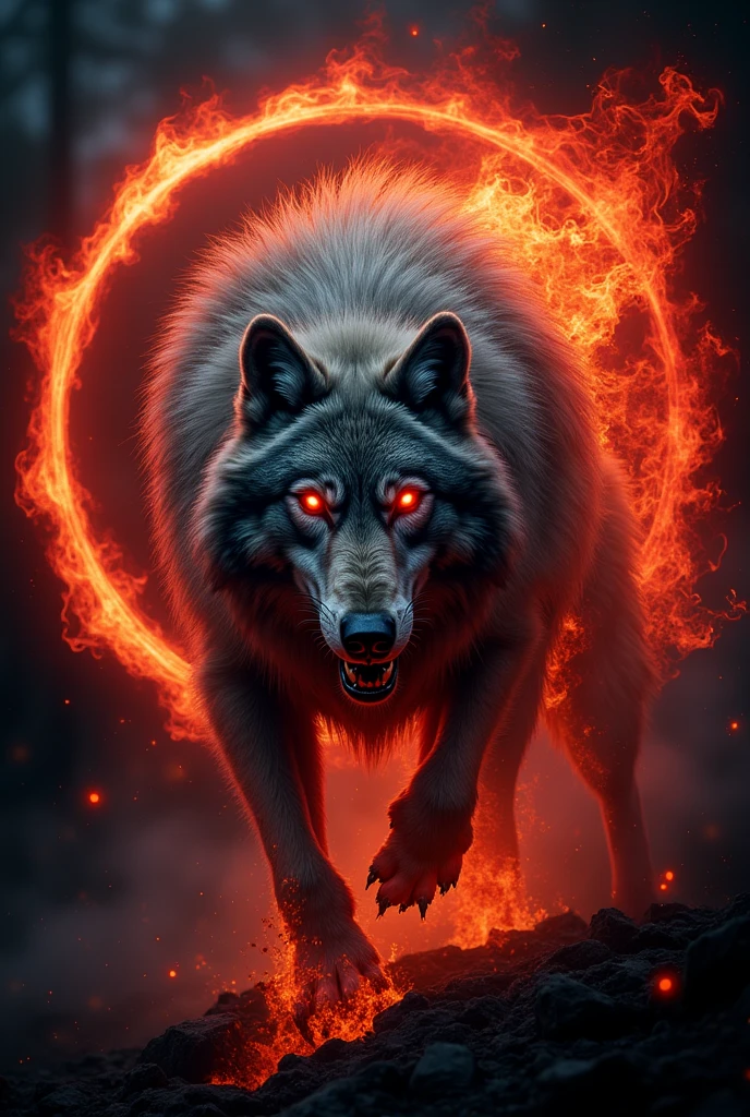 a fierce grey wolf logo with exposed teeth, body made of fire, glowing red eyes, in a red pill symbol