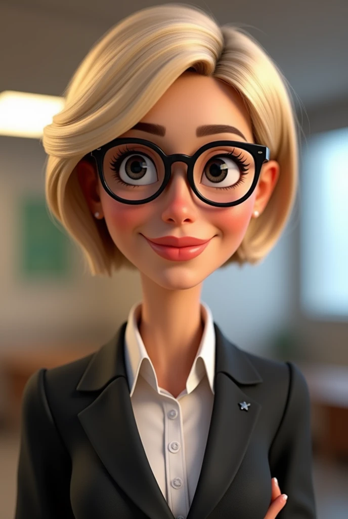 ((Best Quality)), disney pixar character, (detailed), perfect face, women, charismatic, Short blonde hair, black eyes, round glasses, executive uniform without background