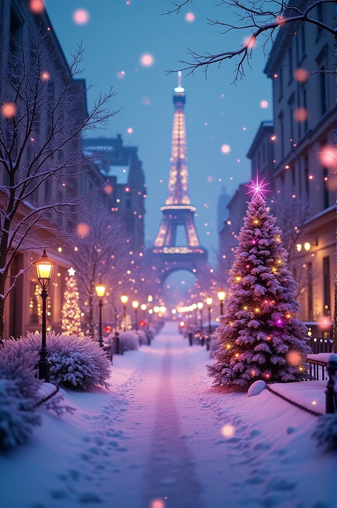 city at christmas, surrounded by snowflakes and Christmas decorations in purple and teal tones in a colorful, dreamlike environment with glittering lights and boken effects