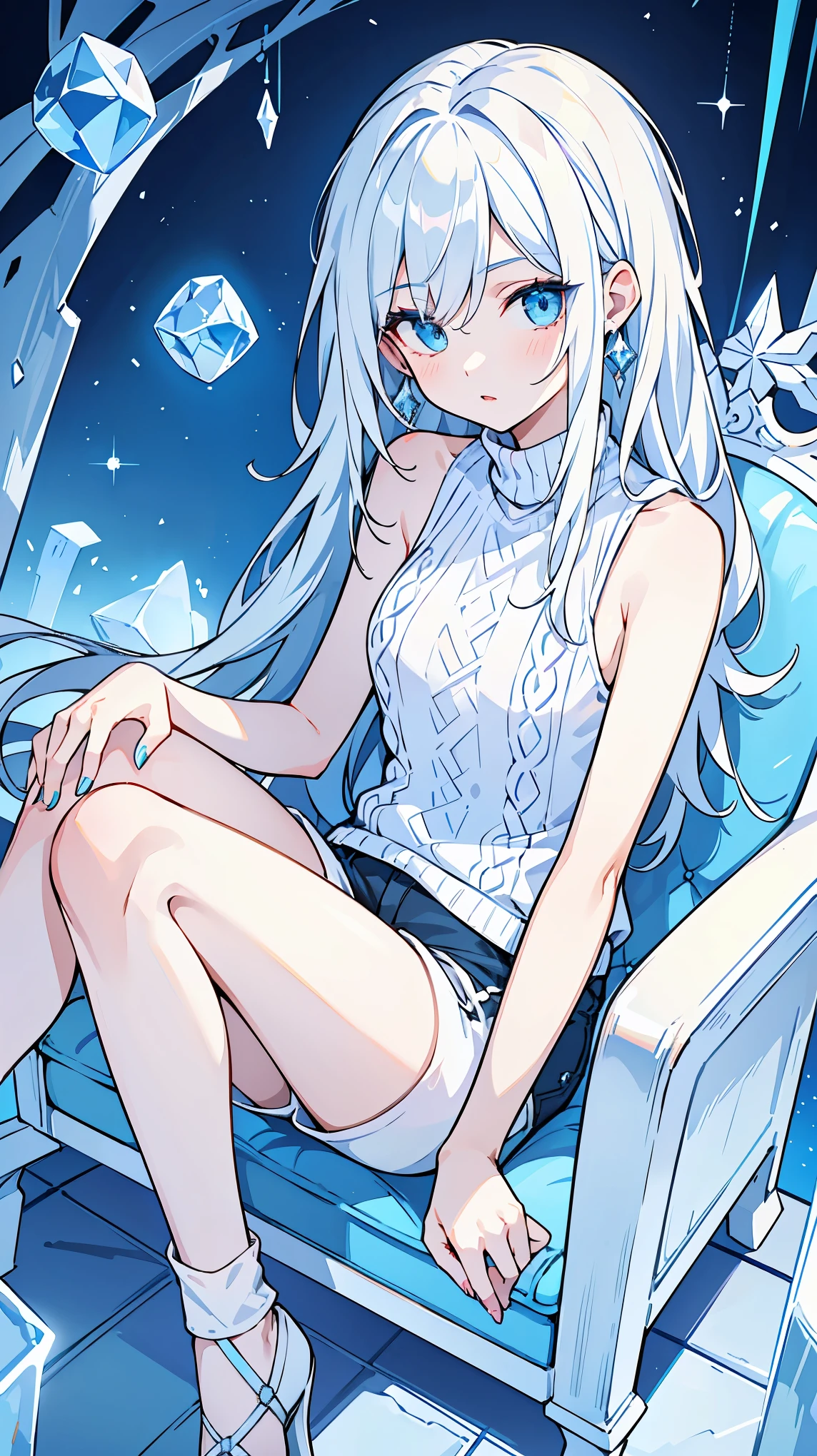 Woman1,30 years old, triangular face, light blue eyes, long white hair, blue lips,shiny ice hair,(very Slim body, pale skin), sitting in ice chair, ice palace, white shorts, blue sleeveless wool sweater, high resolution, high detail, very detailed