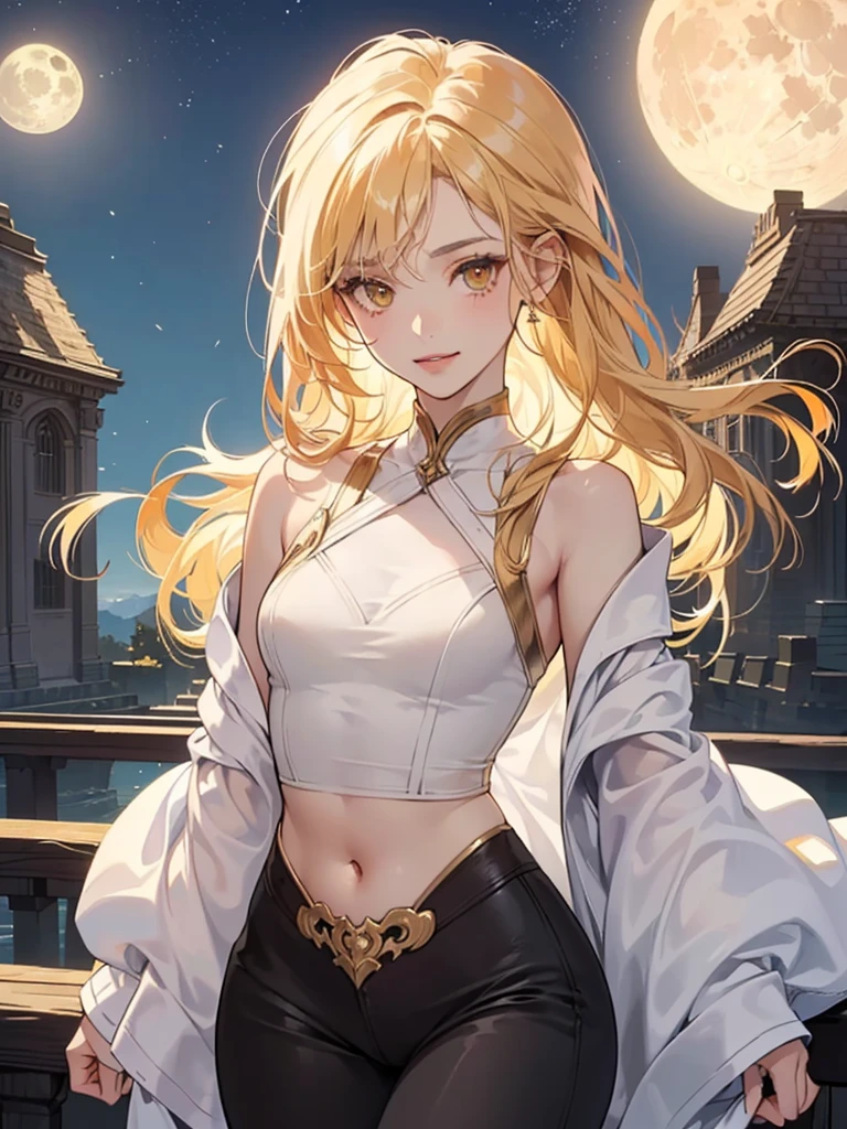(10, best qualityer, work of art:1.4, ultra high resolution, ((highest quallity)), ((work of art)), (super verbose:1.4) an anime girl, cute anime girl, looking at the audience, anime girl, young anime girl, slickedback hair, natural blonde hair, mid-back length hair, orange-yellow eyes, (Beautiful, precise and detailed eyes, glare eyes), small lips, pale lips, Caucasian skin, short, breasts small, hard tits,(ultra high detailed breasts). big hips, perfectbody, attractive body, corpo sexy, Calm gaze, shy smile, golden ratio, (Perfect anatomy without destruction),(shiny hair:1.1,),(her face looks delicate and beautiful. her skin looks delicate and beautiful.), Fine body, slim tummy, white undershirt, Waist slender, へそ, detailed breasts, detailed breasts, The bright white outfit is divine,(fullmoon:1.1, Backgrounds with depth:1.3), playing with the starlight,