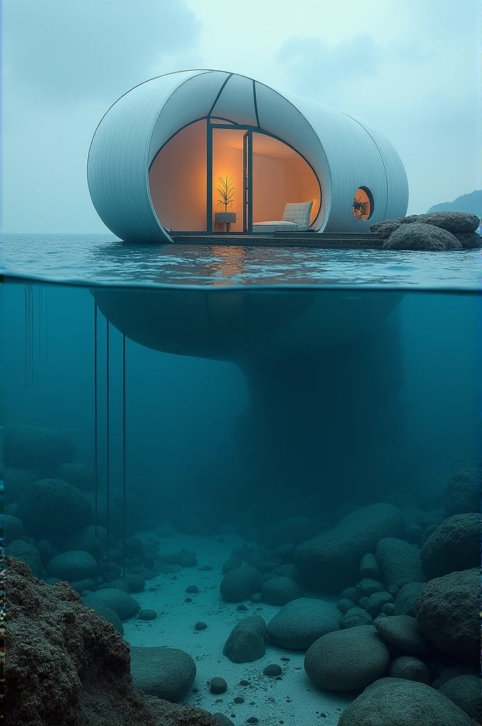 A modern bubble house a the bottom of the ocean