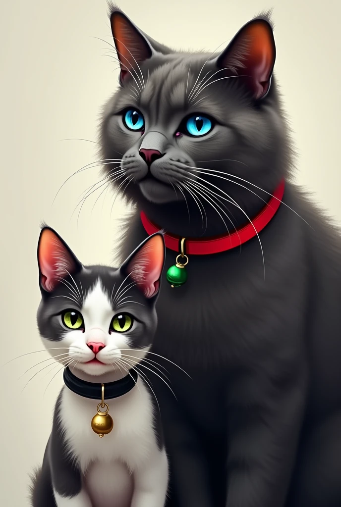 Adult male cat of dark gray color with blue eyes and a red collar with a green bell pendant. Along with a smaller white and gray eyed cat with heterochromia. with a black collar.