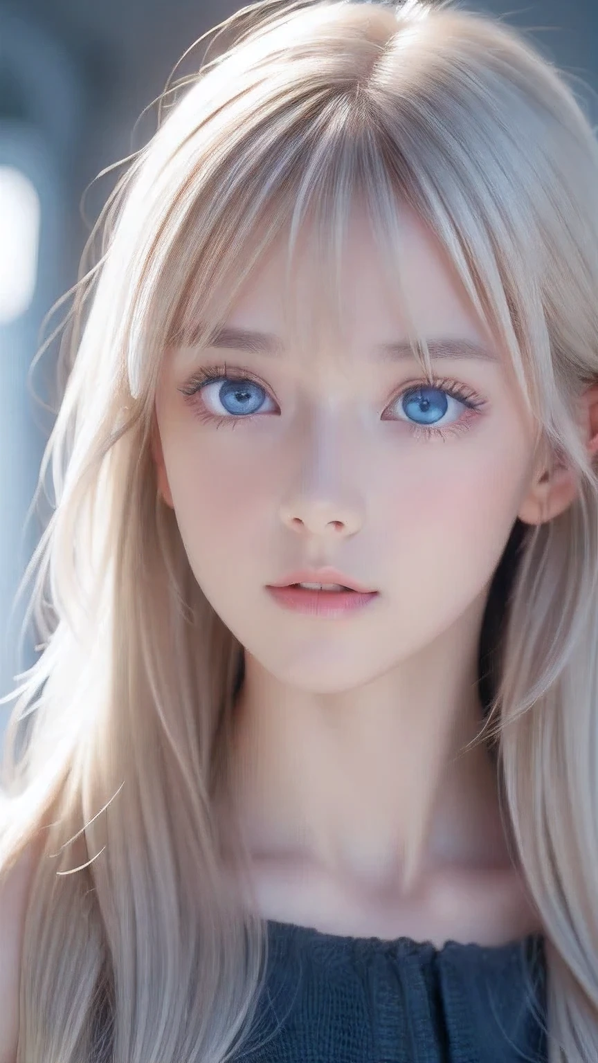 Highest quality、8K masterpiece、Ultra-high resolution、(Realistic:1.3)、RAW Photos、 A stunningly beautiful girl with shining blonde Scandinavian descent、Silvery blonde hair、Super long straight hair、Bangs between the eyes、Bangs that fall over the eyes、Bangs over one eye、Bangs between the eyes、Incredibly white, glowing skin、1. Cyberpunk Super Beautiful Soldier、((Ultra-Realistic Details))、Portraiture、Global Illumination、Shadow Realm、Octane Rendering、8k、Ultra Sharp、metals、Cool colors、、Very intricate details、Realistic Light、Trends of the CG Association、Very beautiful big bright blue eyes、Very big eyes、Eyes shining at the camera、Neon Details、Small Face Beauty、Round face、Highlights of cheek luster、eyeliner、Double eyelids