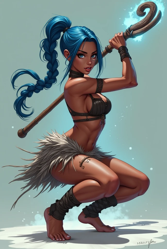 Woman with dark skin and blue hair. anime style, animated style, Digital art, masterpiece, Best Quality, Super rendering, high detail face, Clean and delicate face, whole body, Crouching and wielding a magical wooden staff, fighting pose. Grasp the staff anatomically correctly, Single braided blue ponytail, split bangs, Forehead, tribal clothing and a pleated fur miniskirt., naked ass, open legs, scars. Bound feet, looking at the viewer, simple color background. Scar on his face.
