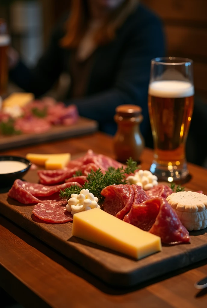 amateur photo of homemade cold cuts board night for two, glass of beer, seen in first person. as if it were a photo taken on a cell phone for social media and with a small part of a very discreet male arm in the background