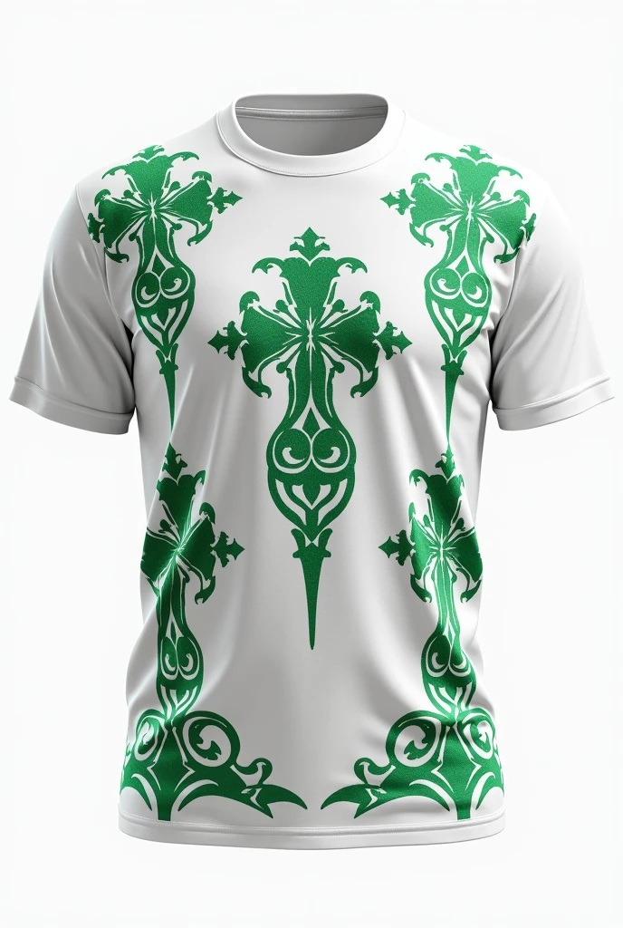 White T-shirt with green patterns in the spirit of knights, on a white background 